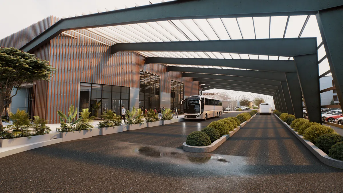 Transit center boarding zone in the reused mill frame