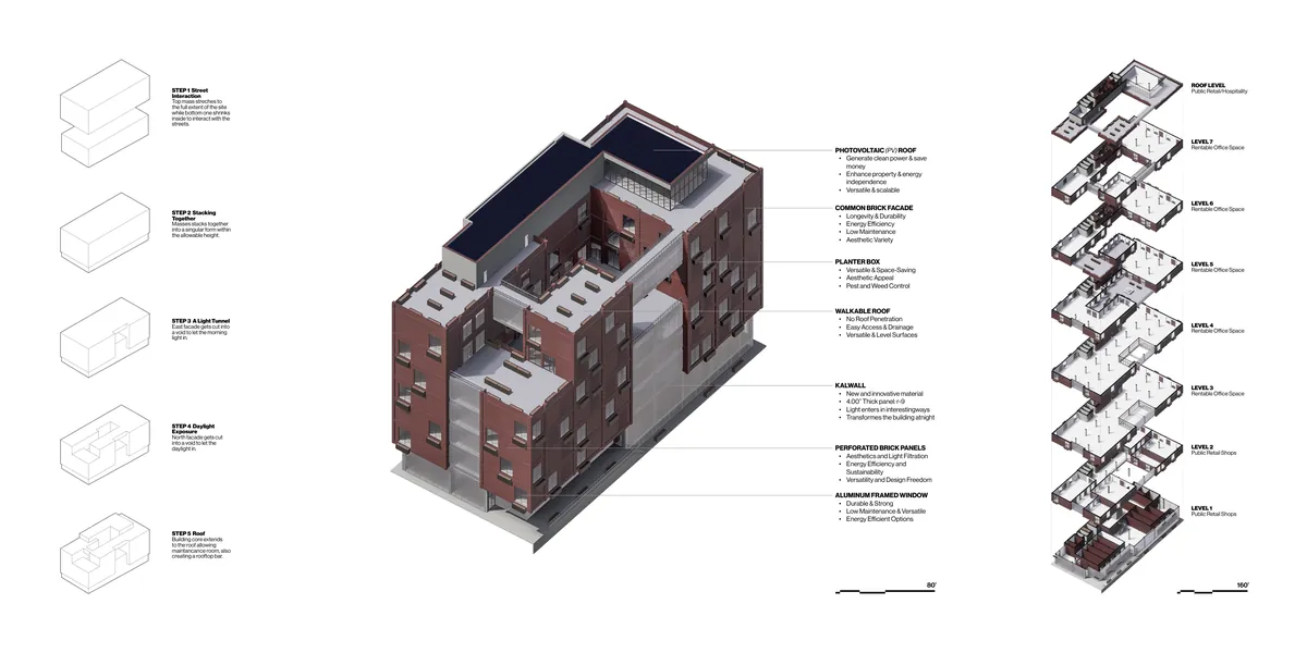 Massing steps, material axonometric and stacked levels